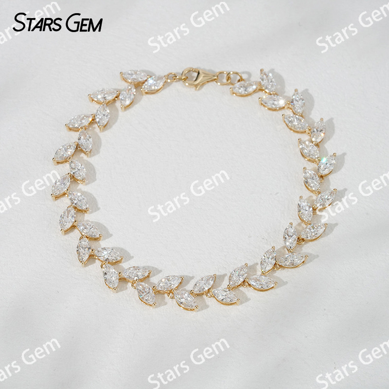 6.5 inches 18K Solid Yellow Gold Vine Leaves Lab Grown Diamond Tennis Bracelet