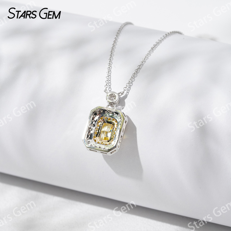 Halo Set 0.8 Carat Radiant Cut Yellow Lab Grown Diamond Pendant 18K Gold Necklace