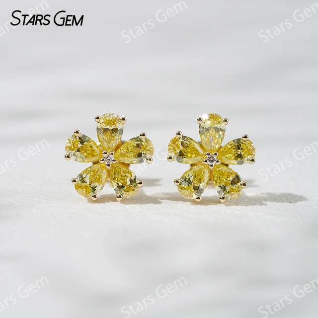 18K Yellow Gold Flower Shape Pear Cut Fancy VIVID Yellow Lab Grown Diamond Stud Earrings