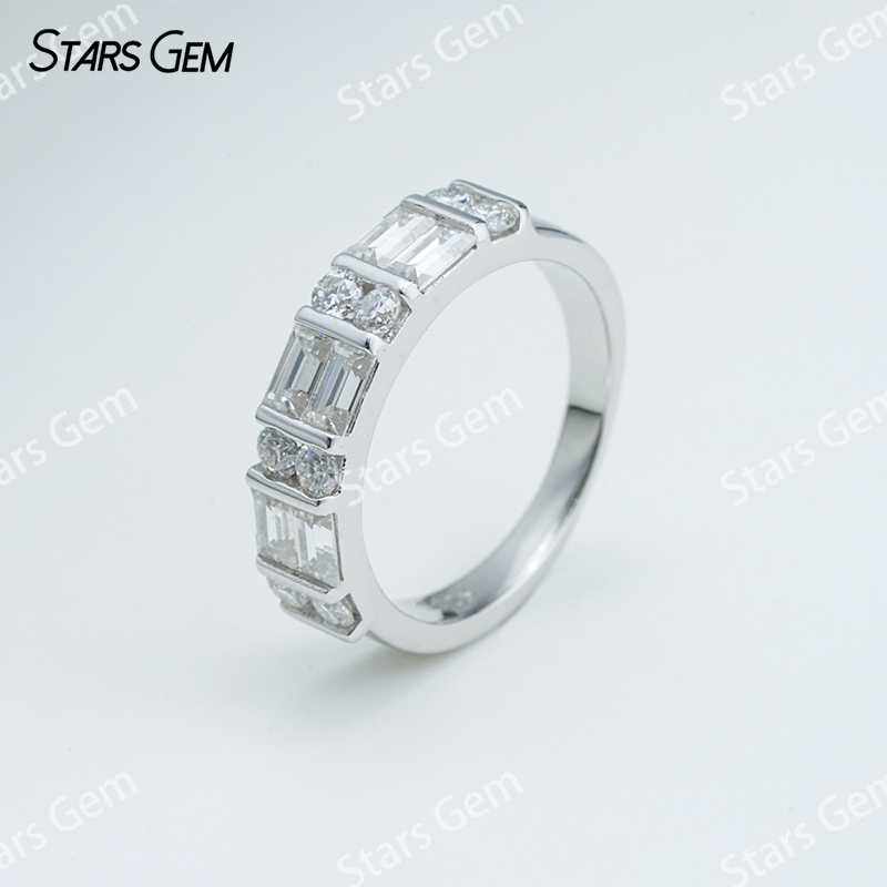 2×4mm Octagon Emerald Cut Moissanite & 2.5mm Round Brilliant Cut Moissanite S925 Sterling Silver Diamond Ring