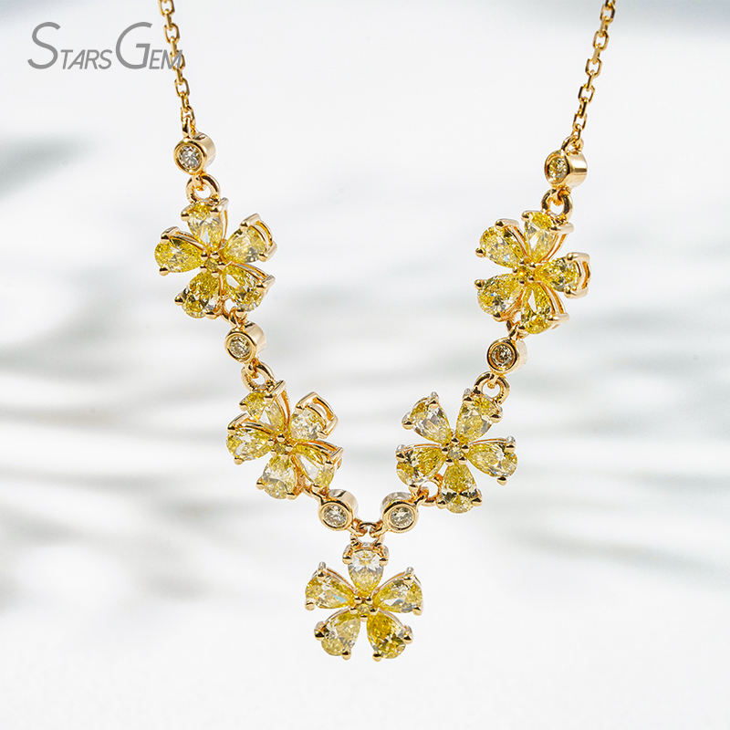 2.5×3.5mm Pear Cut Yellow Lab Grown Diamond 18K Yellow Gold Floral Design Diamond Necklace