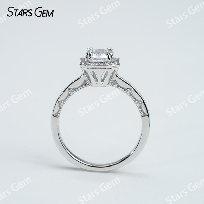 5×7mm Octagon Emerald Cut Moissanite S925 Sterling Silver Halo Engagement Ring
