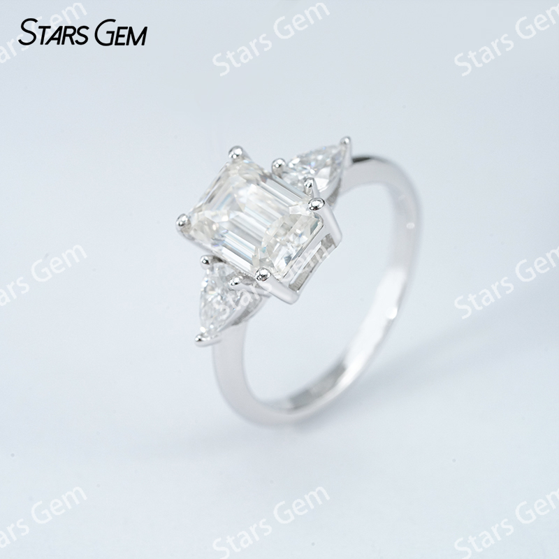 6×8mm Octagon Emerald Cut Moissanite S925 Sterling Silver Three Stone Engagement Ring