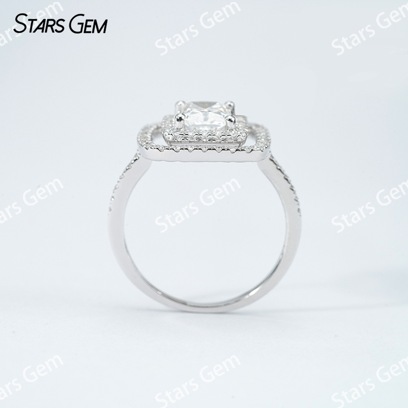 6×8mm Radiant Cut Moissanite S925 Sterling Silver Halo Engagement Ring