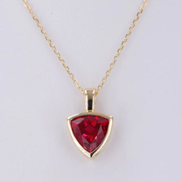 10K Gold Trilliant Cut Lab Grown Ruby Gemstone Pendant Necklace