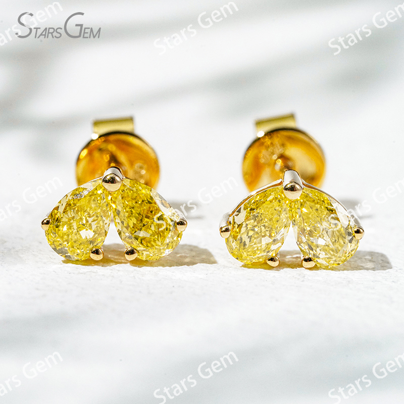 3×4.5mm Pear Cut Yellow Color Lab Grown Diamond Heart Shape Design 18K Yellow Gold Diamond Stud Earrings