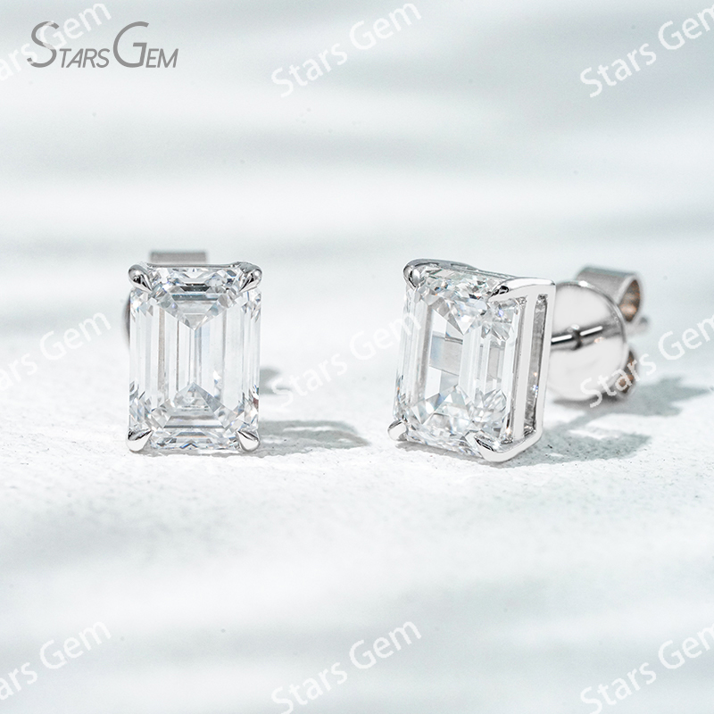 6.6×4.7mm Octagon Emerald Cut Lab Grown Diamond 4 Prongs 18K Gold Diamond Stud Earrings