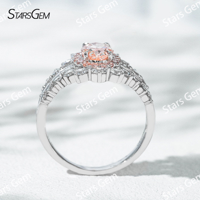 7.58×5.58mm Oval Cut Pink Lab Grown Diamond 18K White Gold Halo Engagement Ring