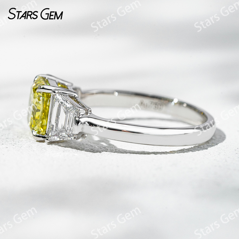 6.4×6.8mm Radiant Cut Yellow Lab Grown Diamond 18K White Gold Three Stone Engagement Ring