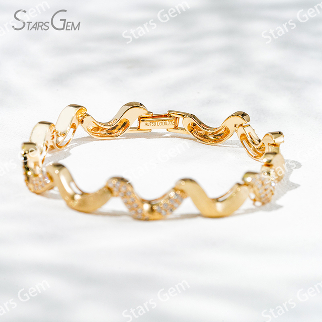 1.2mm Round Brilliant Cut Lab Grown Diamond Unique Wave Like Design 18K Yellow Gold Diamond Bracelet