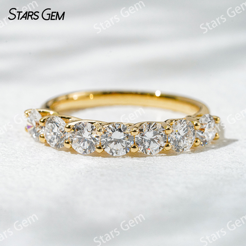 18K Solid Gold Trellis Setting Round Brilliant Cut Seven Stone Eternity Lab Grown Diamond Ring Wedding Band