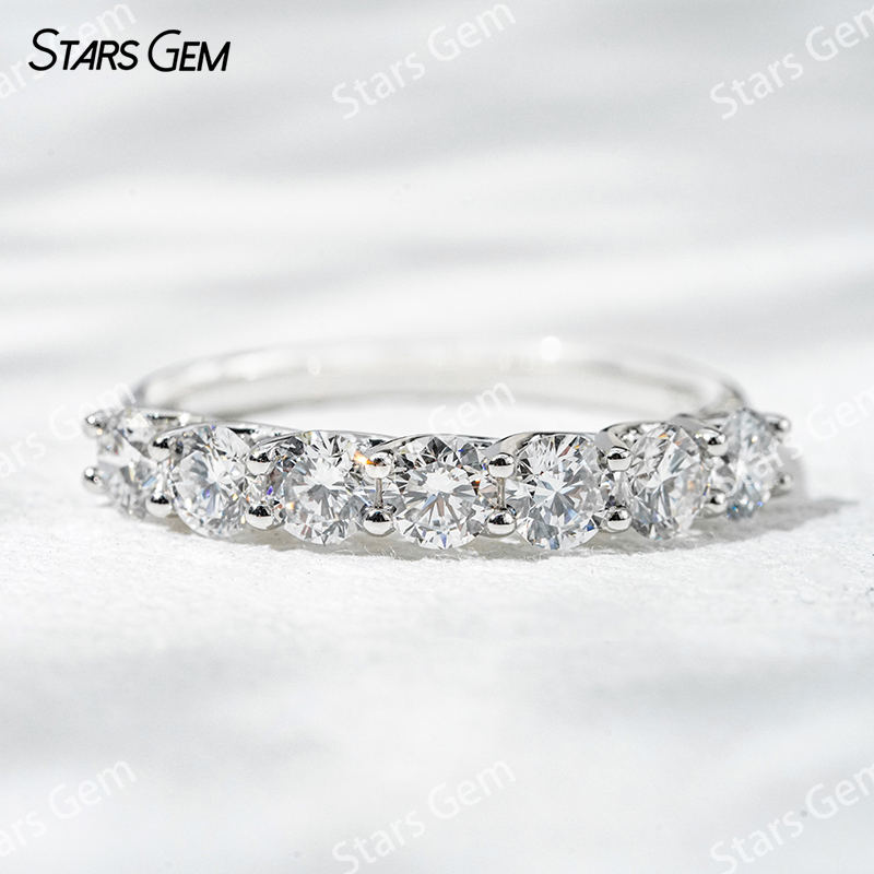 18K Solid Gold Trellis Setting Round Brilliant Cut Seven Stone Eternity Lab Grown Diamond Ring Wedding Band