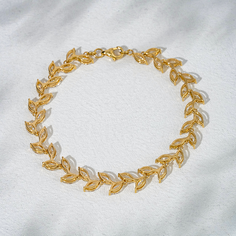 18K Solid Yellow Gold Vine Leaves Lab Grown Diamond Tennis Bracelet