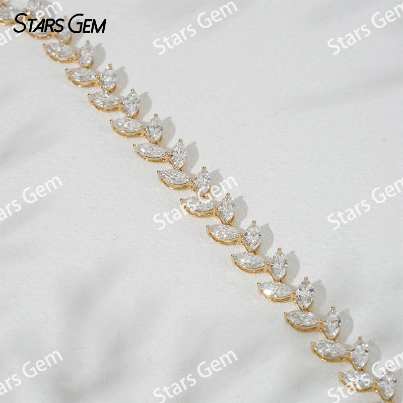 6.5 inches 18K Solid Yellow Gold Vine Leaves Lab Grown Diamond Tennis Bracelet