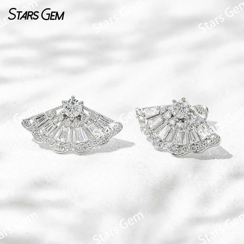 3.8mm Round Brilliant Cut Lab Grown Diamond Folding Fan Design 18K White Gold Diamond Stud Earrings