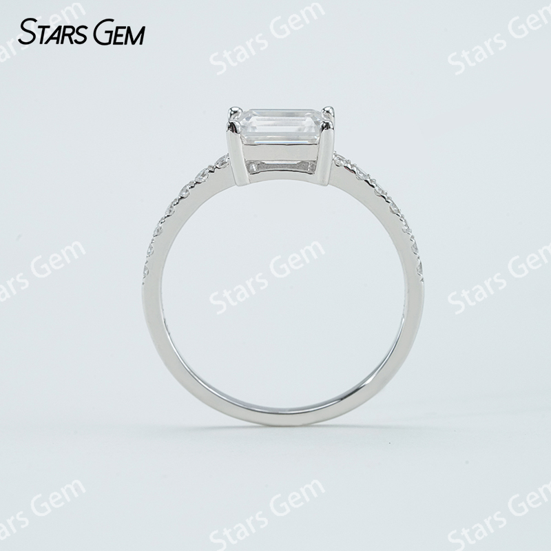 5×7mm Octagon Emerald Cut Moissanite S925 Sterling Silver Pave Engagement Ring