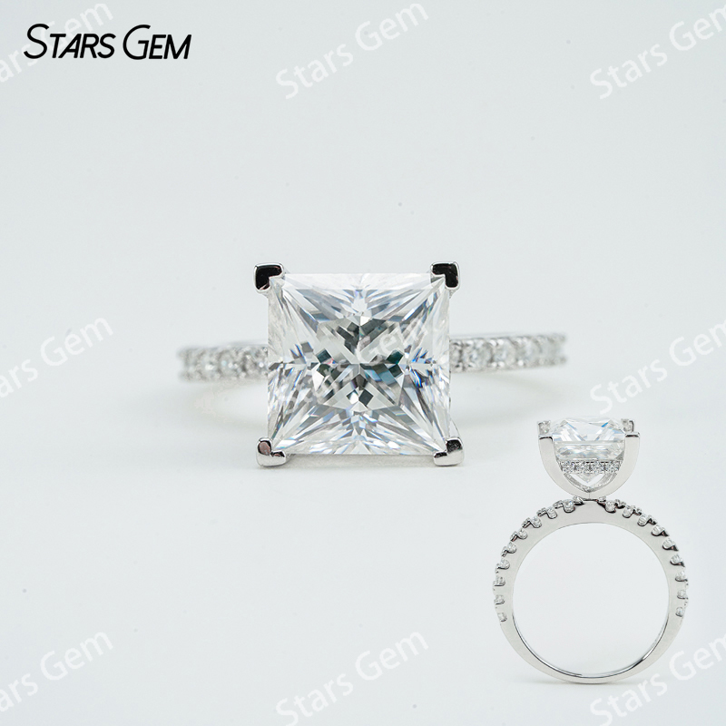 9.5×9.5mm Princess Cut Moissanite S925 Sterling Silver Pave Engagement Ring