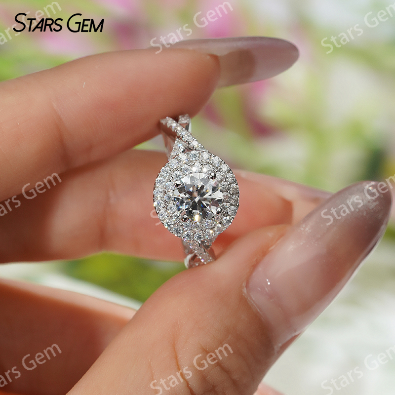 6mm Round Brilliant Cut Moissanite S925 Sterling Silver Halo Engagement Ring