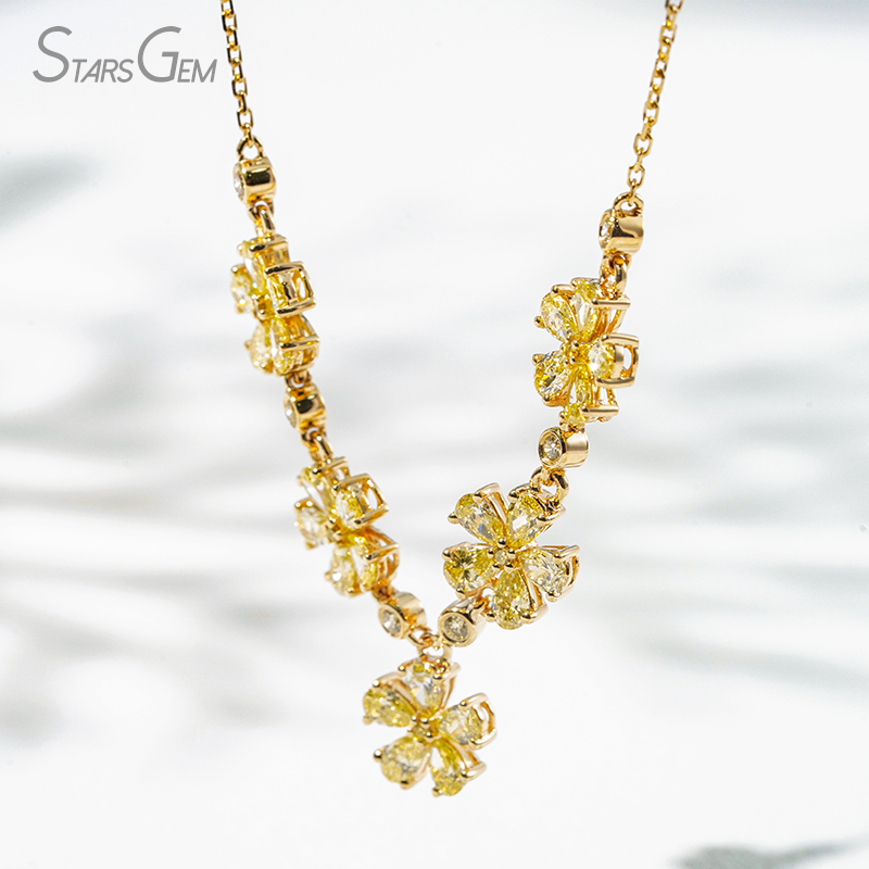 2.5×3.5mm Pear Cut Yellow Lab Grown Diamond 18K Yellow Gold Floral Design Diamond Necklace
