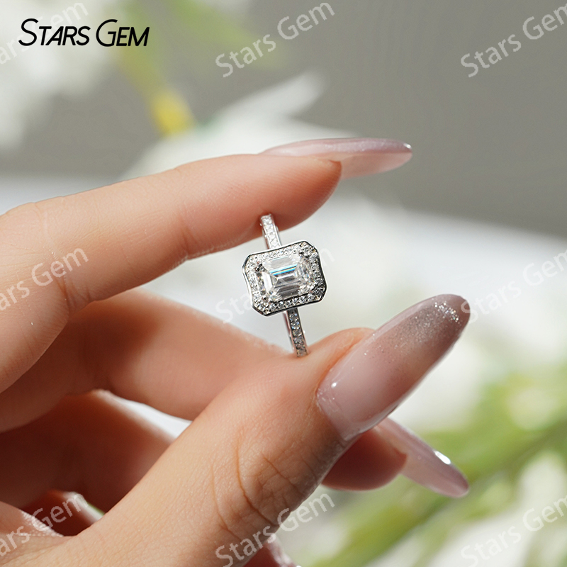 5×7mm Octagon Emerald Cut Moissanite S925 Sterling Silver Halo Engagement Ring