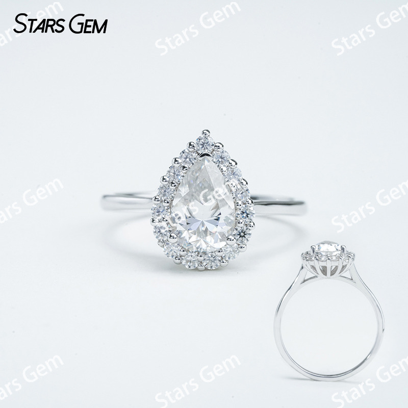 6×9mm Pear Cut Moissanite S925 Sterling Silver Halo Engagement Ring