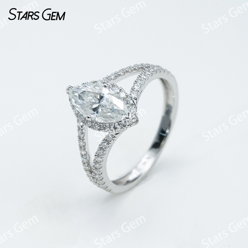5×10mm Marquise Cut Moissanite S925 Sterling Silver Halo Engagement Ring