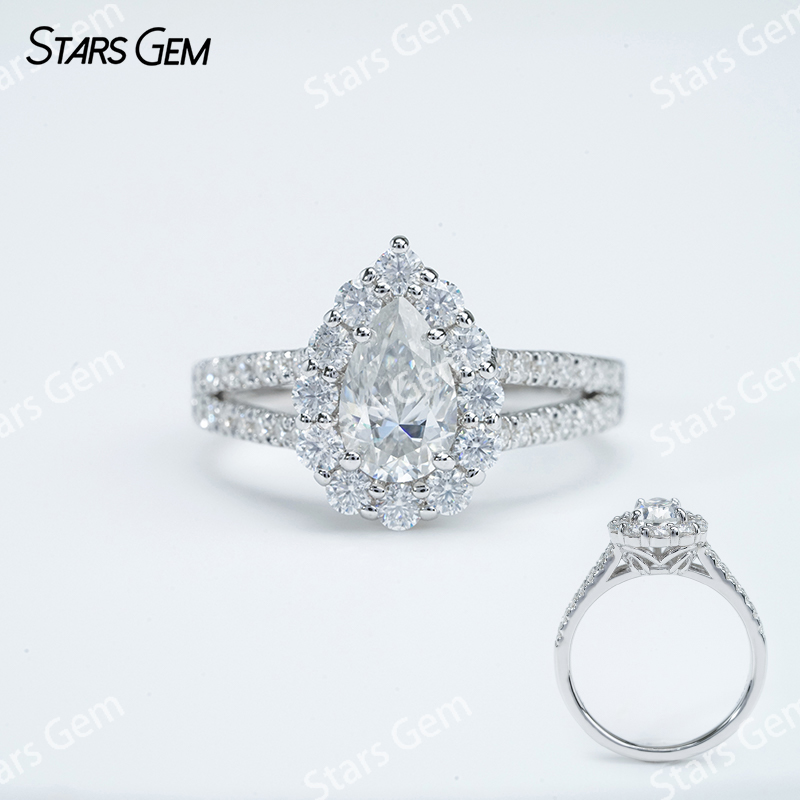 5×8mm Pear Cut Moissanite S925 Sterling Silver Halo Engagement Ring