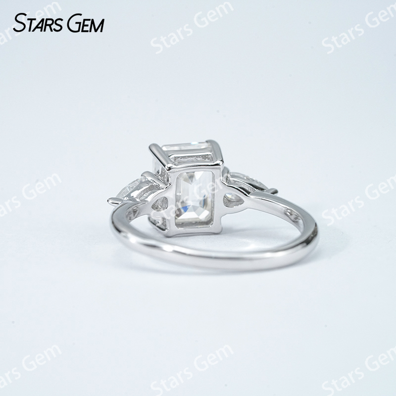 6×8mm Octagon Emerald Cut Moissanite S925 Sterling Silver Three Stone Engagement Ring