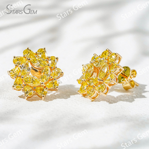 2.3×4.3mm Marquise Cut & 2×3mm Pear Cut Yellow Color Lab Grown Diamond Sunflower Design 18K Yellow Gold Diamond Stud Earrings