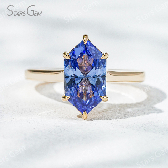 Custom Blue Gemstone Jewelry 6.58×12mm Special Cut Hexagon Shape Lab Grown Sapphire 14K Yellow Gold Solitaire Engagement Ring For Girls Women