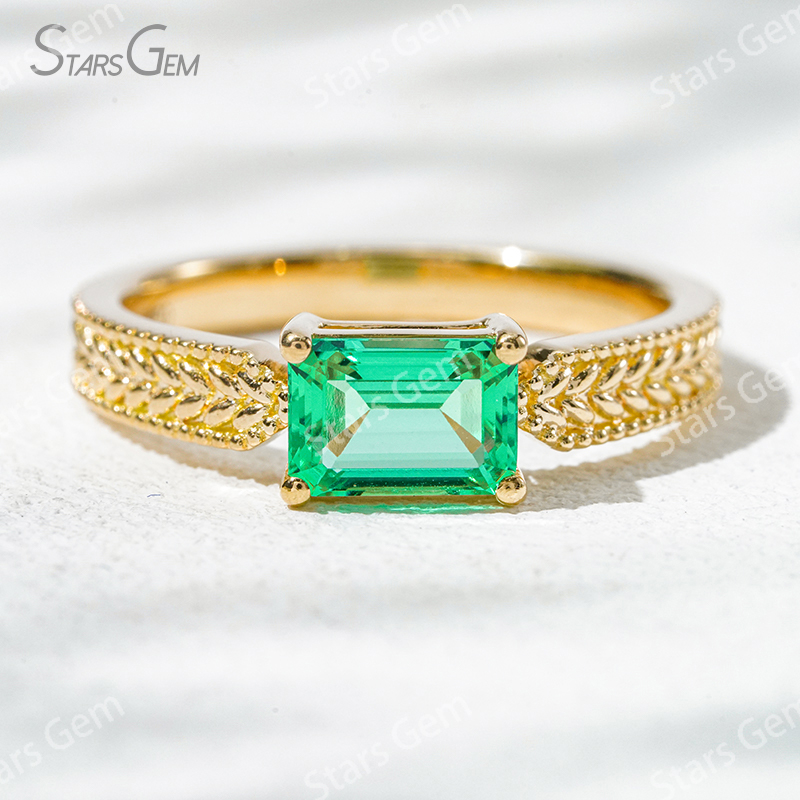5×7mm Octagon Emerald Cut Lab Grown Emerald 18K Yellow Gold Solitaire Engagement Ring