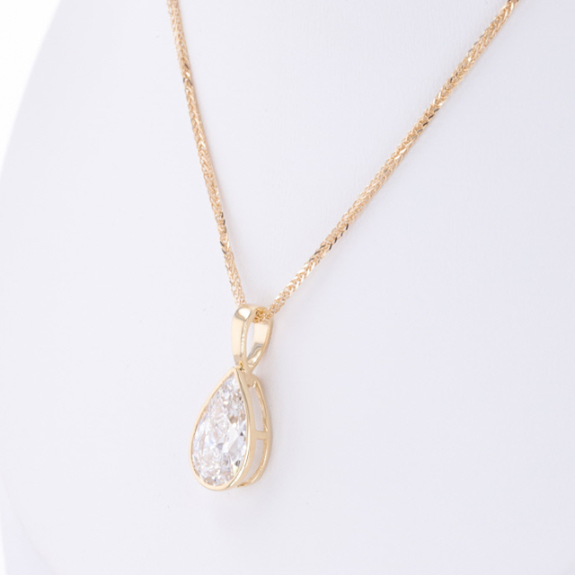 18K Solid Gold Bezel Set 2.0 carat Pear Cut Lab Grown Diamond Pendant Necklace