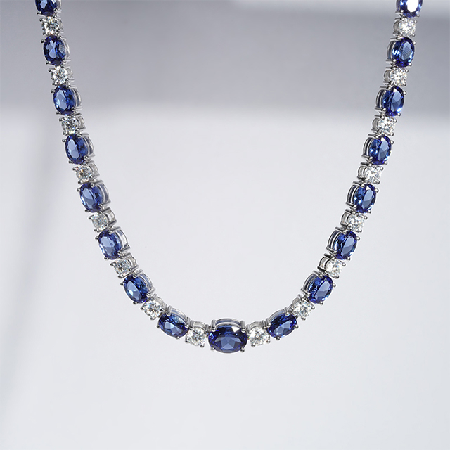 14K White Gold Oval Cut Lab Grown Sapphire and Round Brilliant Cut Moissanite Diamond Necklace