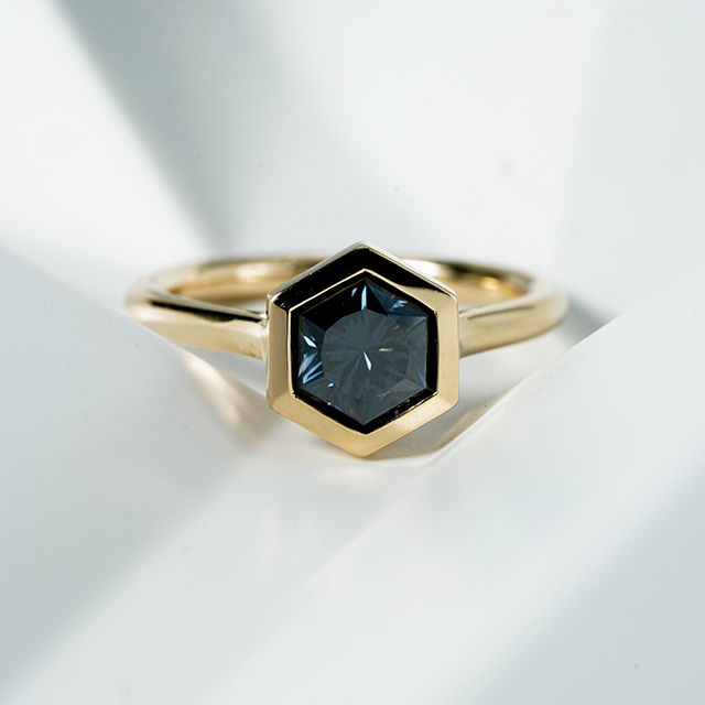 10K Yellow Gold Hexagonal Shape Dark Grey Moissanite Bezel Set Solitaire Engagement Ring