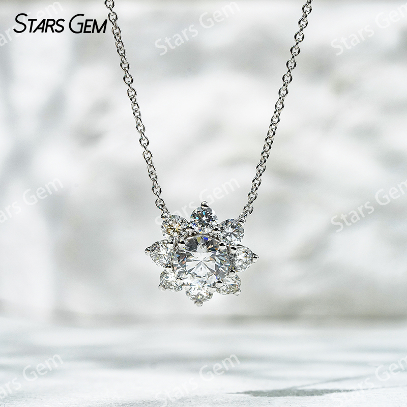 1.0ct 6.5mm Round Brilliant Cut DEF VS Lab Grown Diamond Sunflower Pendant 18K White Gold Necklace