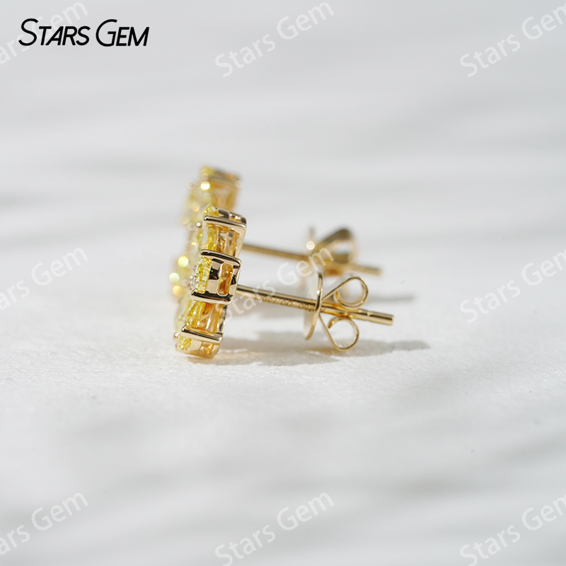 18K Yellow Gold Flower Shape Pear Cut Fancy VIVID Yellow Lab Grown Diamond Stud Earrings