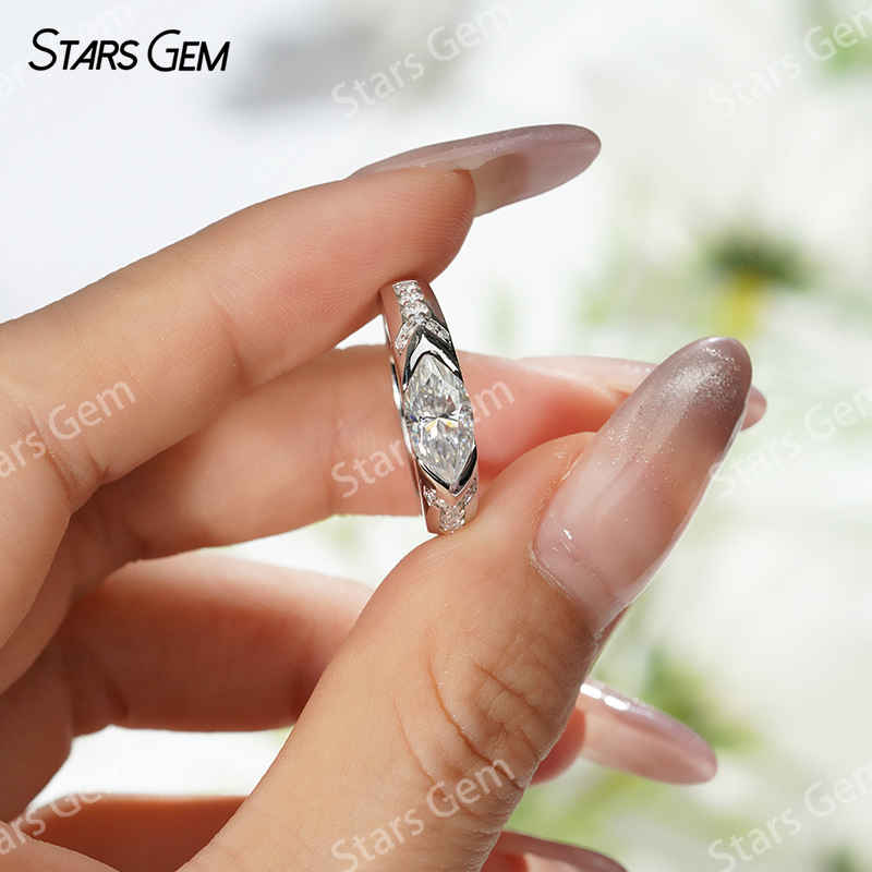 5×10mm Marquise Cut Moissanite S925 Sterling Silver Pave Engagement Ring
