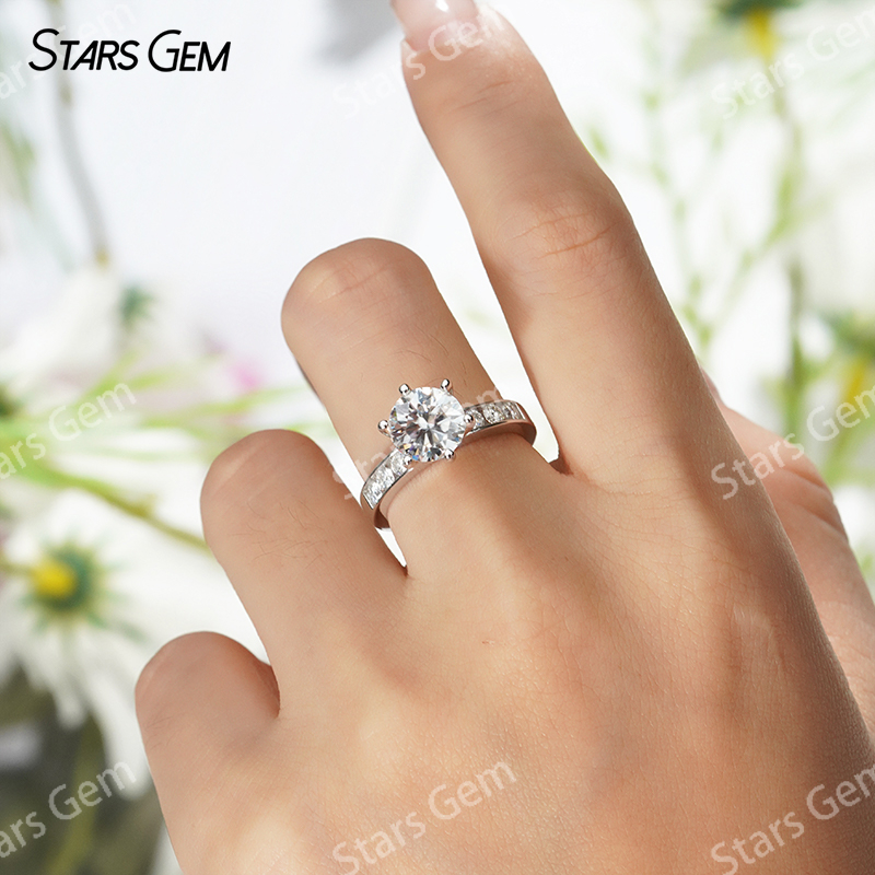 8mm Round Brilliant Cut Moissanite S925 Sterling Silver Pave 6 Prongs Channel Set Engagement Ring