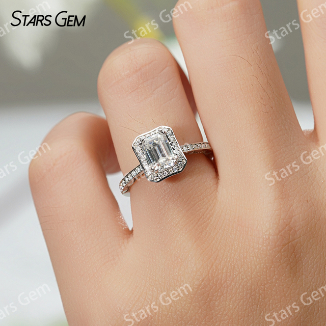 5×7mm Octagon Emerald Cut Moissanite S925 Sterling Silver Halo Engagement Ring