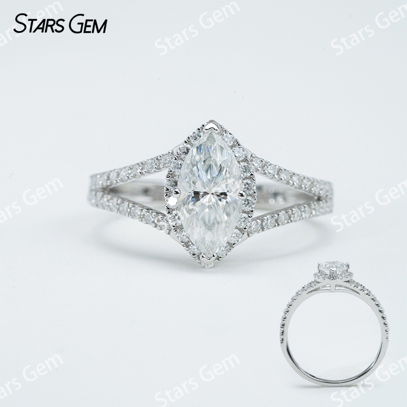 5×10mm Marquise Cut Moissanite S925 Sterling Silver Halo Engagement Ring