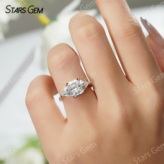 6×8mm Radiant Cut Moissanite S925 Sterling Silver Three Stone Engagement Ring