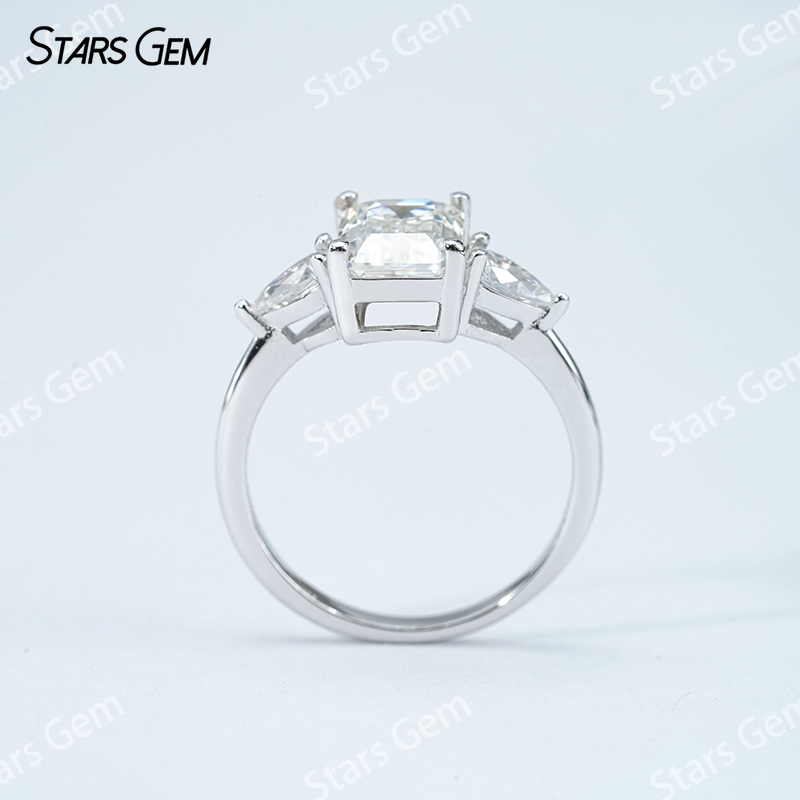 6×8mm Octagon Emerald Cut Moissanite S925 Sterling Silver Three Stone Engagement Ring