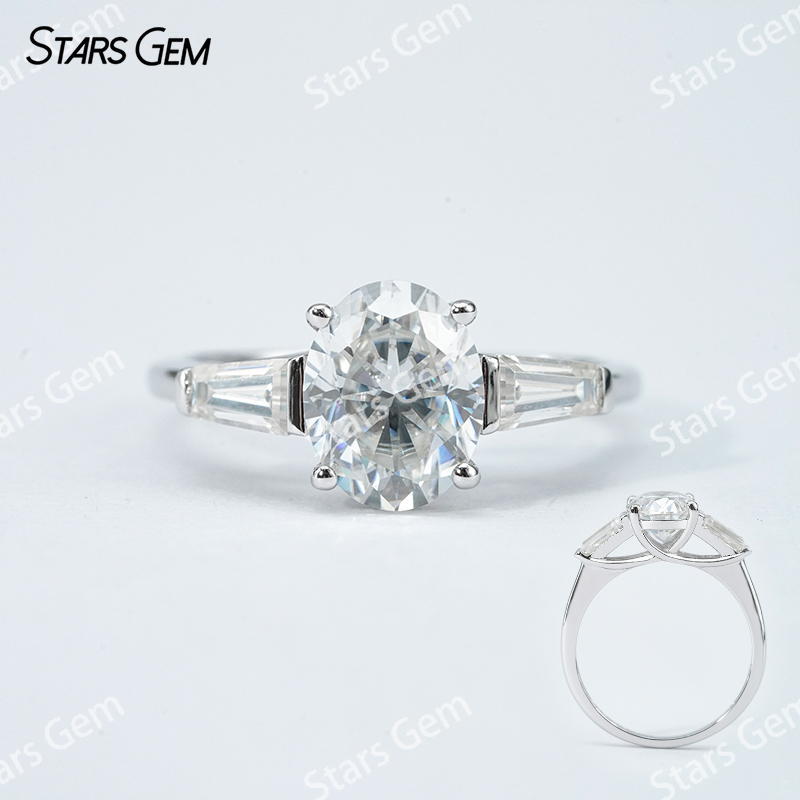 7×9mm Oval Cut Moissanite S925 Sterling Silver Three Stone Engagement Ring