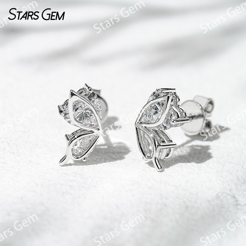 5×5mm Heart Cut & 3×5mm Pear Cut Lab Grown Diamond Butterfly Shape Design 18K White Gold Diamond Stud Earrings