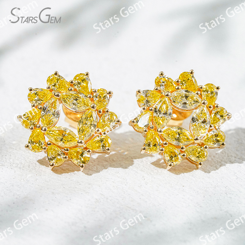 2.3×4.3mm Marquise Cut & 2×3mm Pear Cut Yellow Color Lab Grown Diamond Sunflower Design 18K Yellow Gold Diamond Stud Earrings