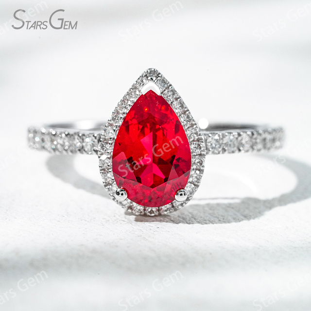 6×9​mm Pear Cut Lab Gemstones 18K Gold Halo Engagement Ring