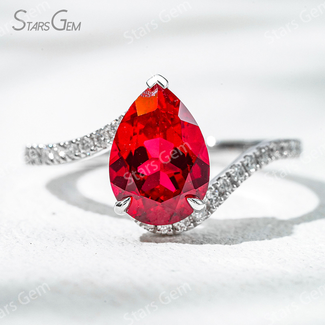 7×10mm Pear Cut Lab Grown Ruby 18K White Gold Pave Engagement Ring