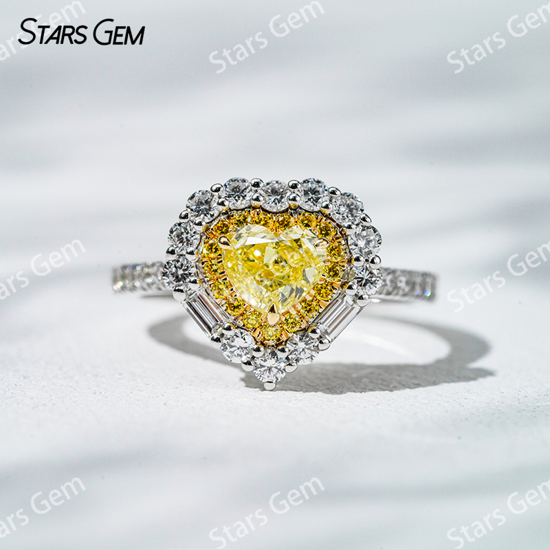 5.38×6.09mm Heart Cut Yellow Lab Grown Diamond 18K White Gold Halo Engagement Ring