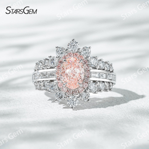 7.58×5.58mm Oval Cut Pink Lab Grown Diamond 18K White Gold Halo Engagement Ring