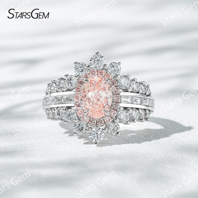 7.58×5.58mm Oval Cut Pink Lab Grown Diamond 18K White Gold Halo Engagement Ring